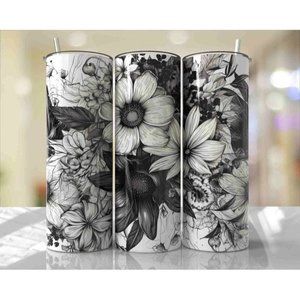 Black and White Floral Flower 20oz Skinny Tumbler With Straw & Lid, Travel Mug,